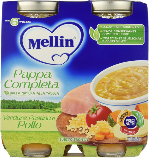 Mellin Pappa Completa Verdure Pastina e Pollo 100% Naturale – 12 Vasetti da 250 gr
